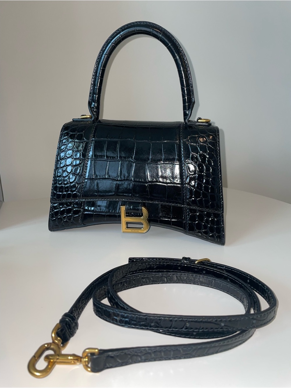 Balenciaga Black Croc-Embossed Hourglass Bag with Gold 'B' Hardware